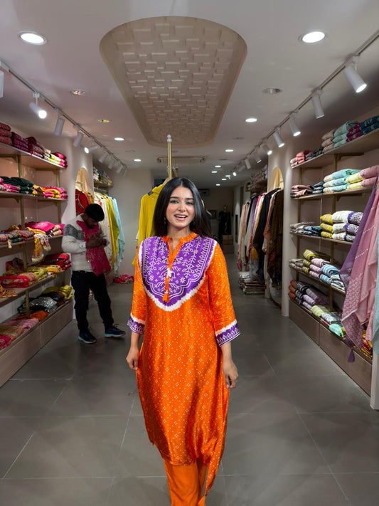 Women Orange Printed Kurta Set with Purple Embroidered Yoke – Ethnic Casual Wear