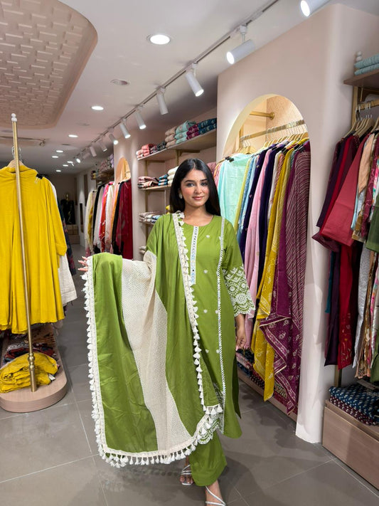 Women Olive Green Cotton Kurta Set with Lace Dupatta – Elegant Ethnic Wear
