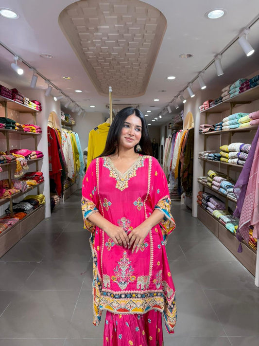 Women Rani Pink Embroidered Kurta Sharara Set – Festive Ethnic Wear