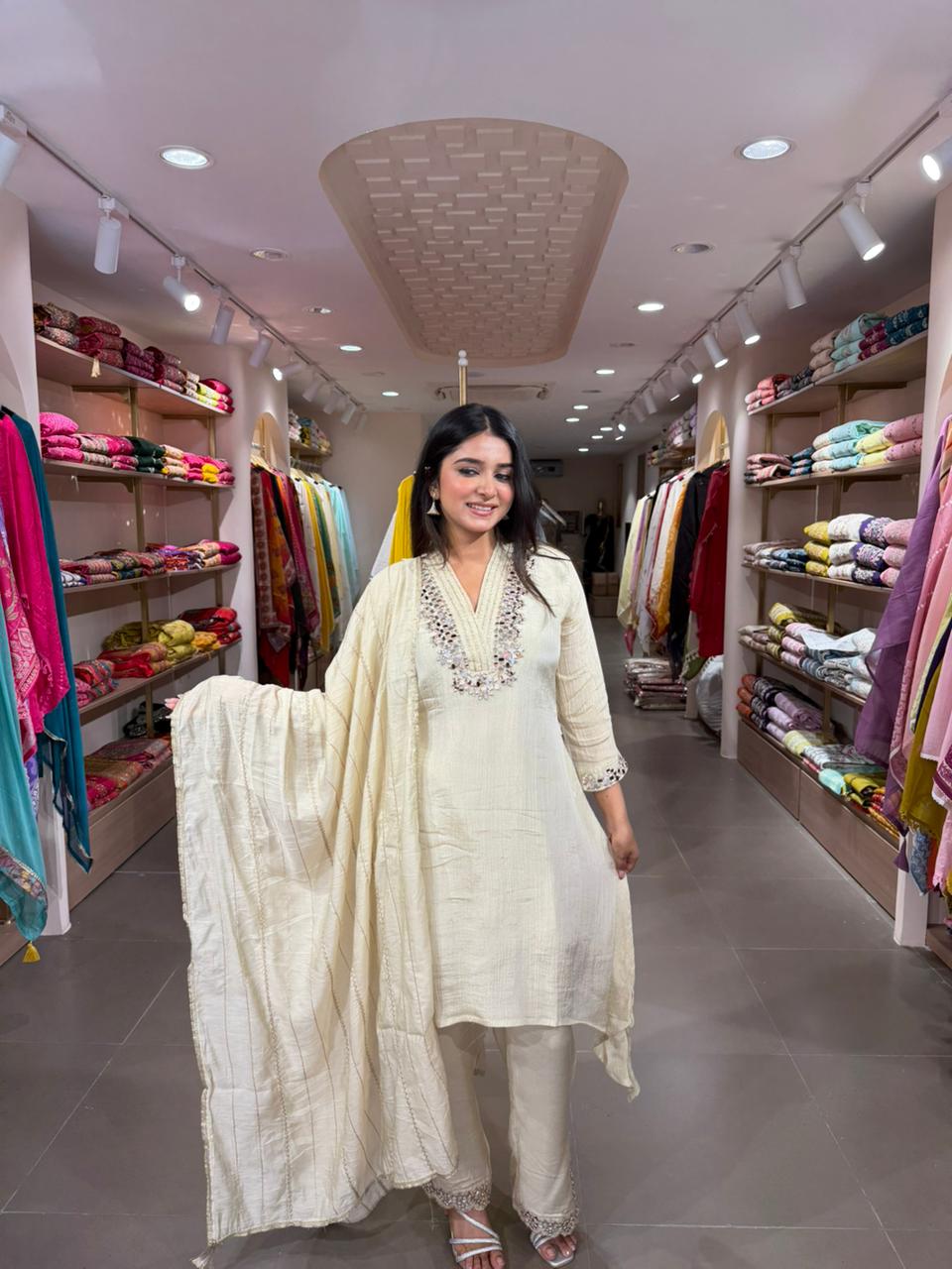 Women Off White Cotton Kurta Set with Dupatta – Minimal Elegant Ethnic Wear
