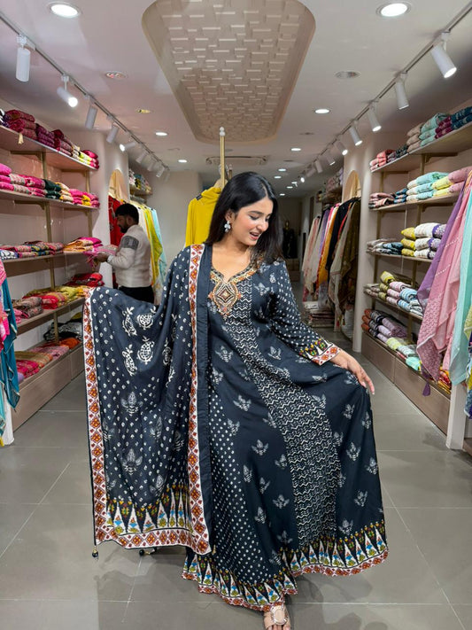 Black Printed Anarkali Kurta Set with Dupatta for Women | Ethnic Festive Wear