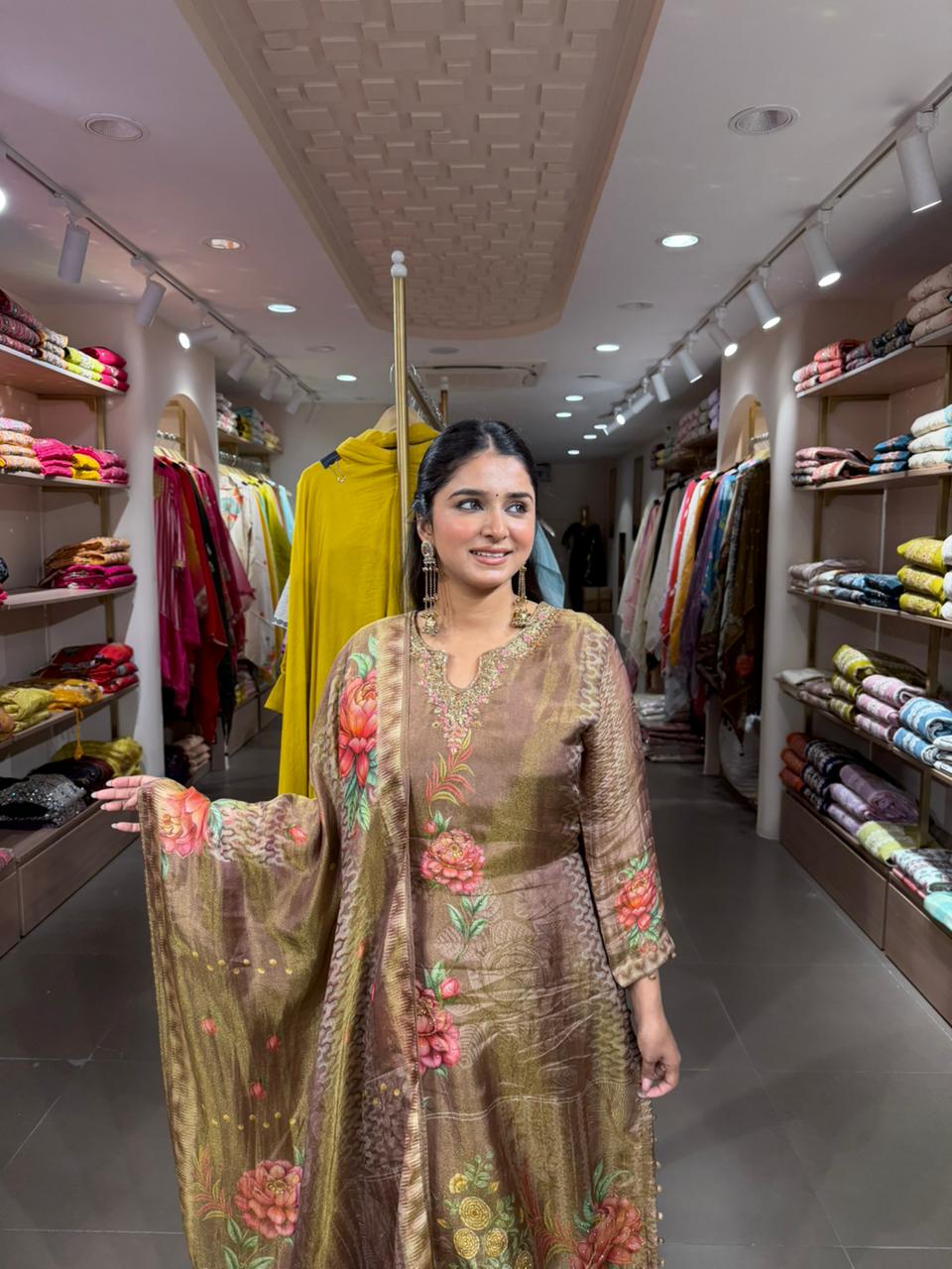 Brown Floral Printed Kurta Set with Dupatta for Women | Elegant Ethnic Wear