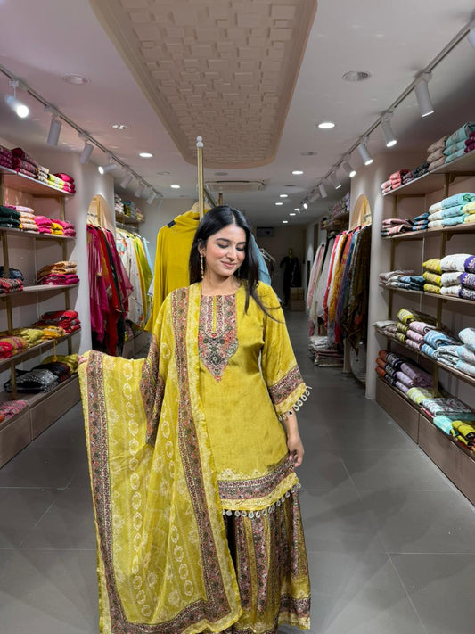 Mustard Yellow Printed Kurta Set with Dupatta & Sharara for Women