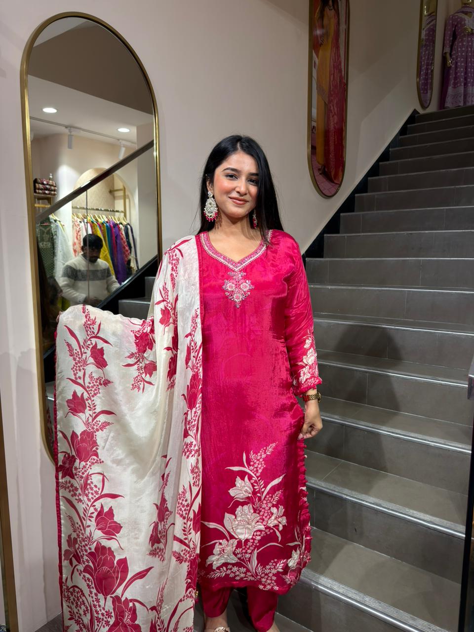 Elegant Rani Pink Floral Kurta Set with Printed Dupatta for Women