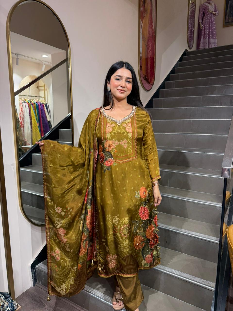 Olive Green Printed Kurta Set with Dupatta – Elegant Floral Ethnic Wear for Women