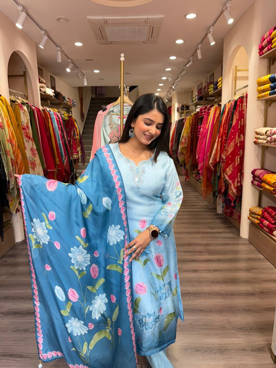 Sky Blue Floral Printed Kurta Set with Dupatta – Elegant Ethnic Wear for Women