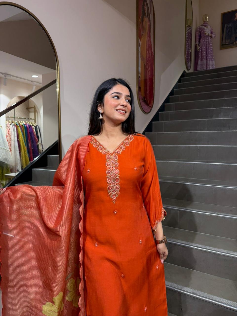 Burnt Orange Embroidered Kurta Set with Dupatta – Elegant Festive Wear for Women
