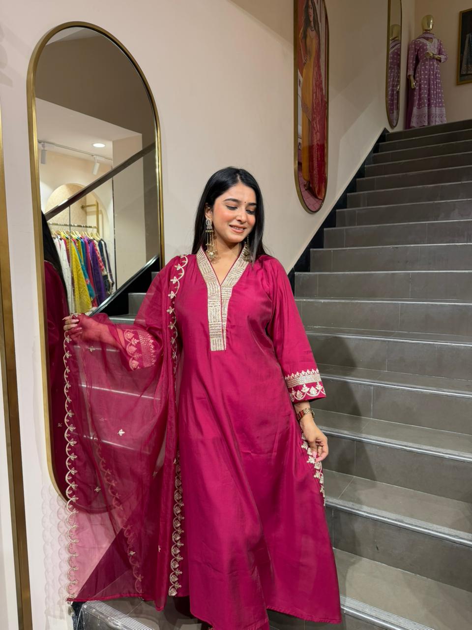 Royal Magenta Embroidered Kurta Set with Sheer Dupatta – Elegant Festive Wear for Women