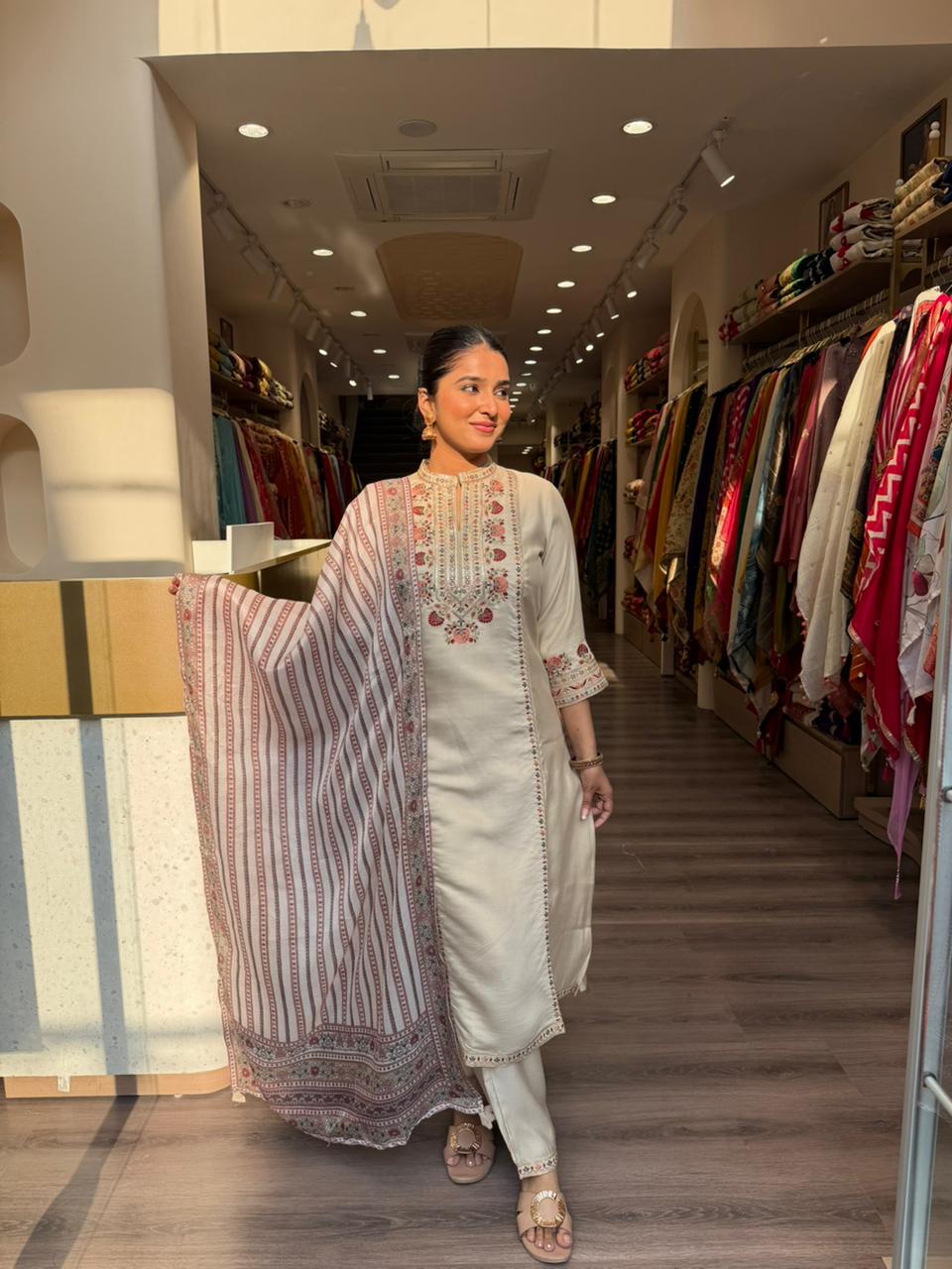 Beige Embroidered Kurta Set with Striped Dupatta – Elegant Ethnic Wear for Women