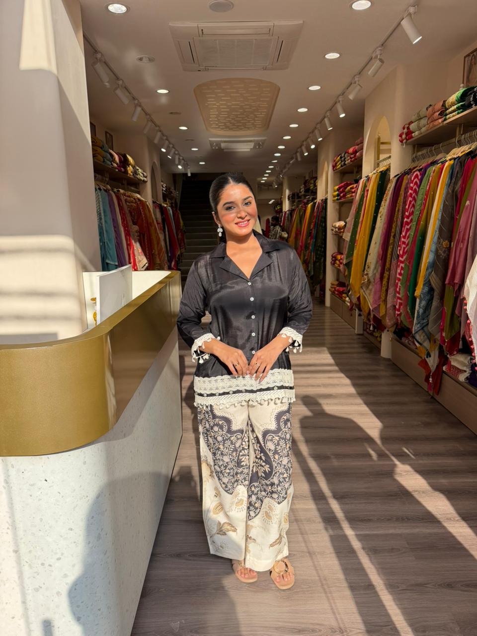 Black Printed Kurta Set with Contrast Ethnic Bottom – Stylish Fusion Wear for Women