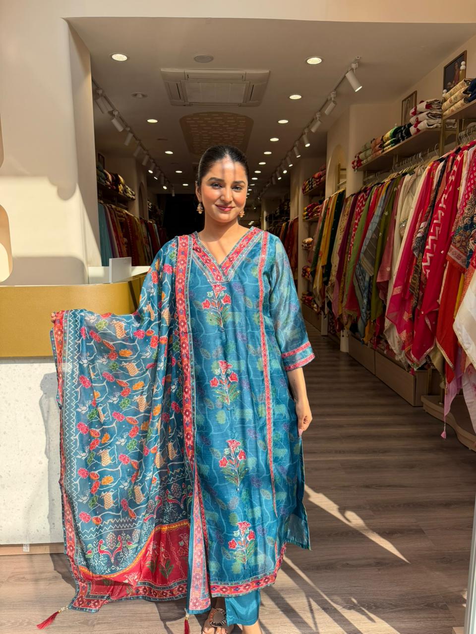 Teal Blue Floral Printed Kurta Set with Dupatta – Elegant Ethnic Wear for Women