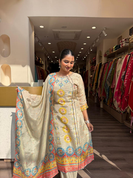 Beige Printed Kurta Set with Dupatta – Multicolor Ethnic Motif Design