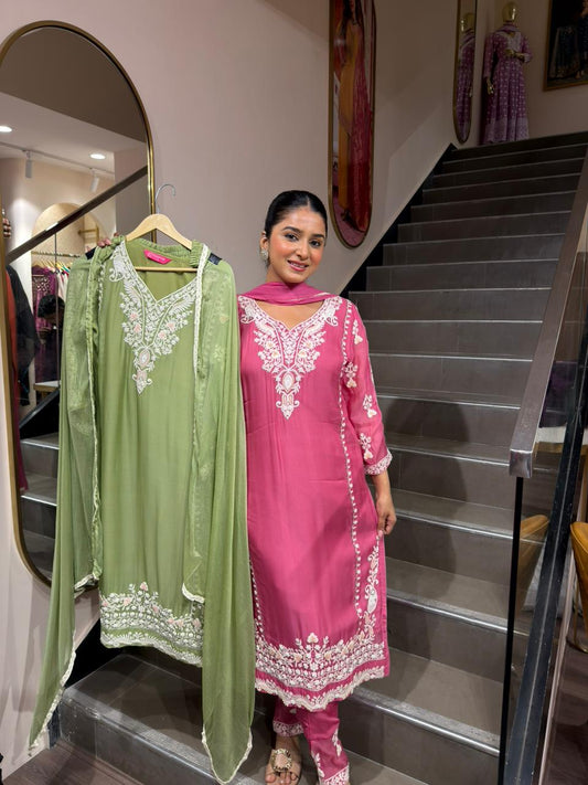 Elegant Rose Pink Embroidered Kurta Set with Dupatta – Refined Ethnic Wear for Women