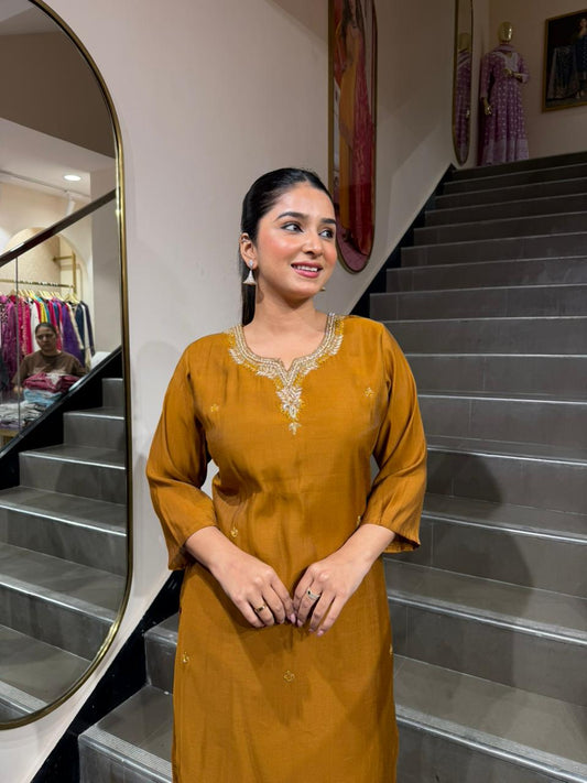 Elegant Mustard Embroidered Kurta Set for Women – Minimal Festive Ethnic Wear