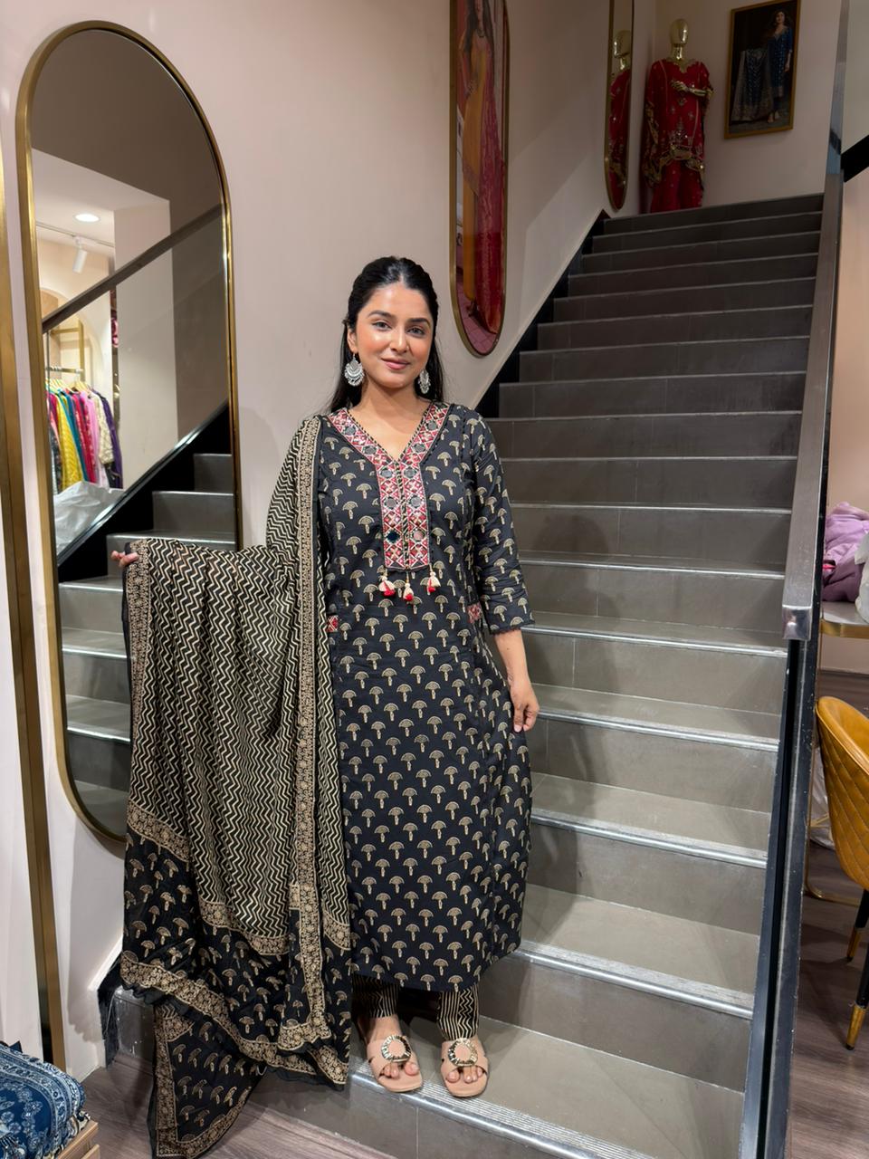 Elegant Black Ethnic Printed Kurta Set with Dupatta for Women