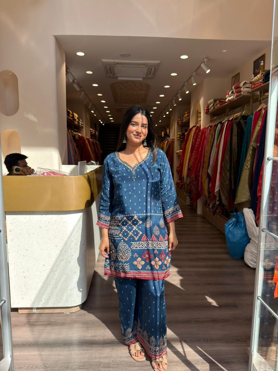 Elegant Teal Blue Printed Kurta Set for Women – Ethnic Casual Wear