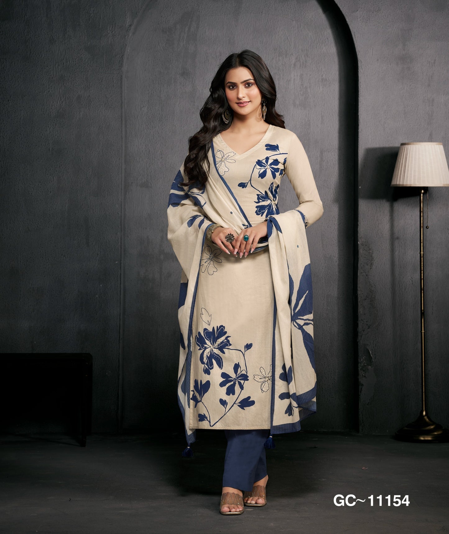 Beige & Navy Blue Floral Printed Kurta Set with Dupatta for Women | Elegant Ethnic Wear