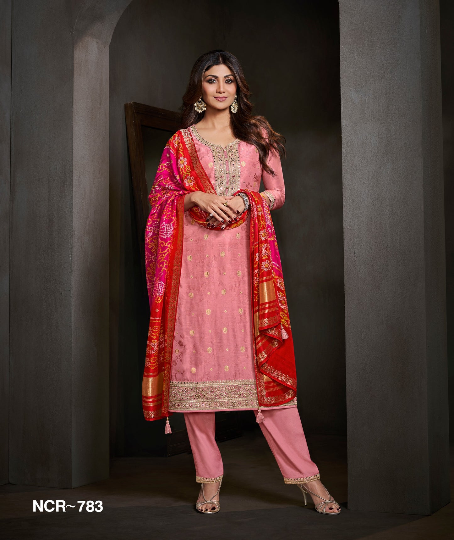 Pink Embroidered Straight Cut Salwar Suit with Red Banarasi Dupatta – Festive & Wedding Wear Ethnic Suit for Women