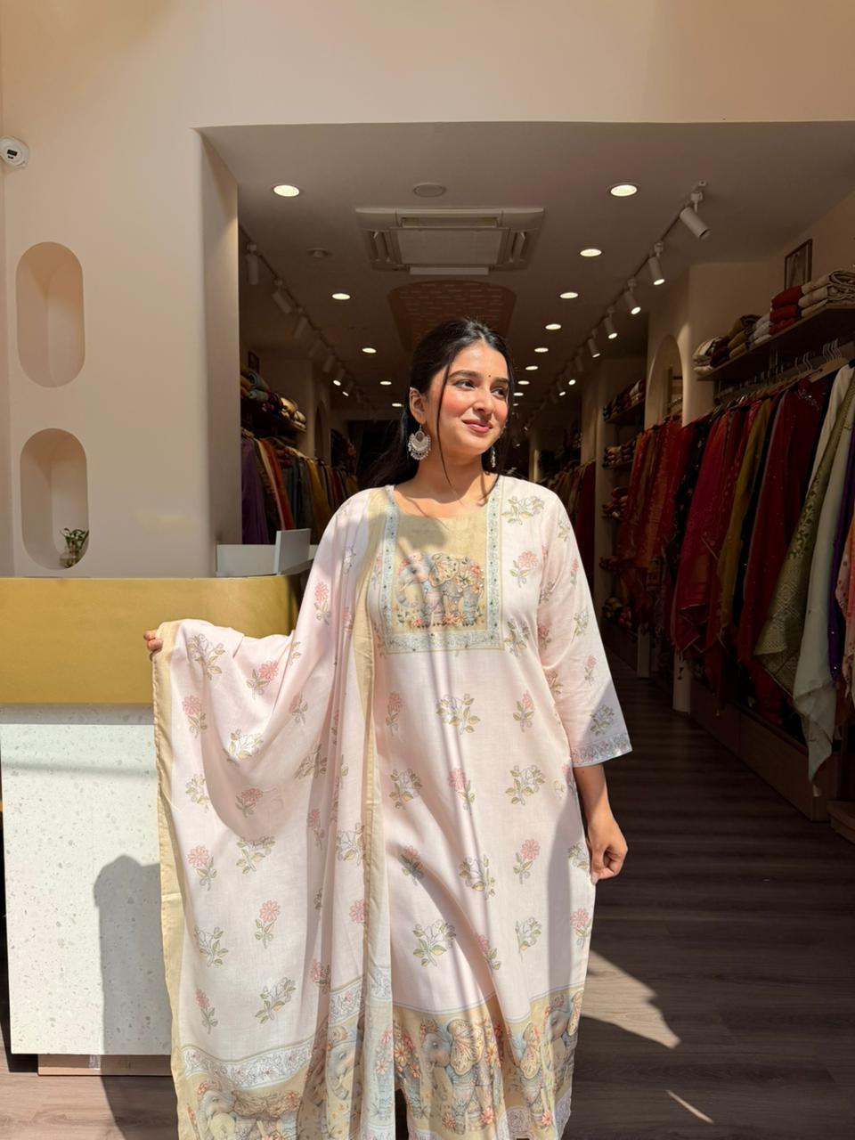 Pastel Pink Printed Kurta Set with Dupatta for Women