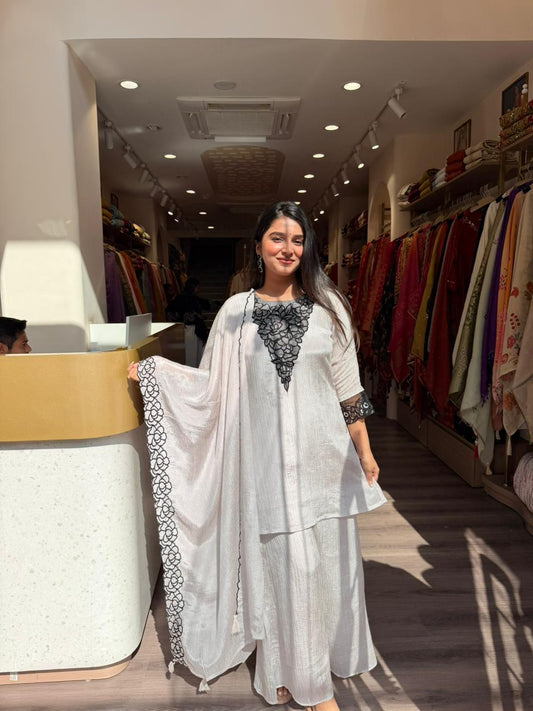 White & Black Embroidered Kurta Co-ord Set with Dupatta for Women