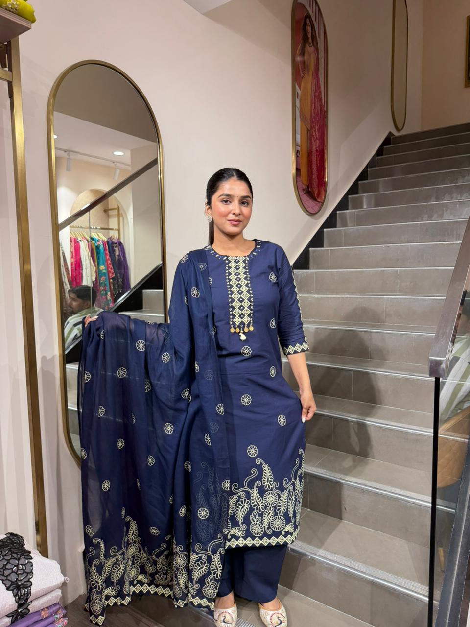 Navy Blue Embroidered Straight Kurta Pant Set with Dupatta for Women