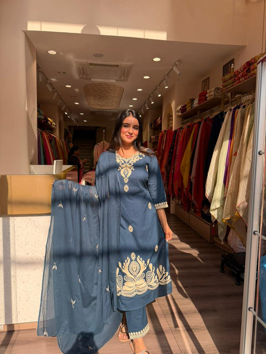 Teal Blue Embroidered Straight Kurta Pant Set with Dupatta for Women