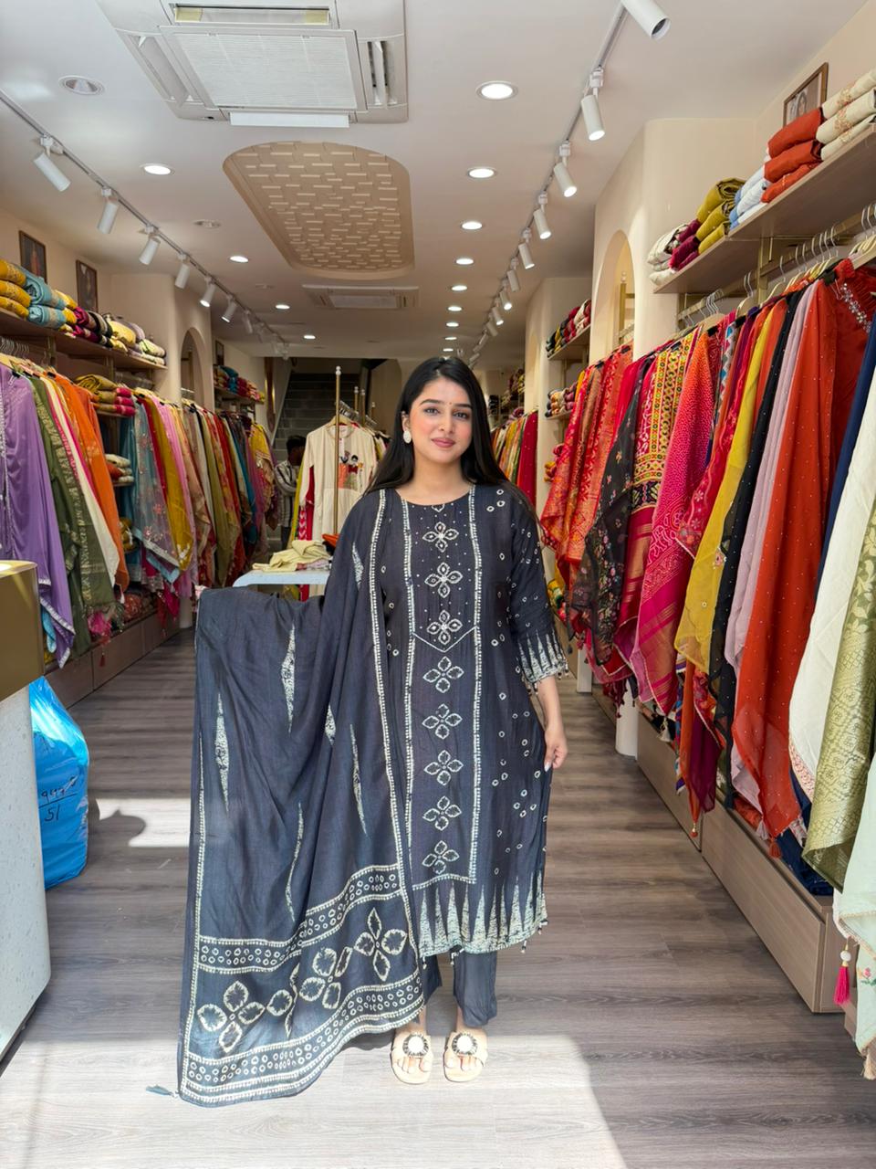 Charcoal Black Handblock Printed Straight Kurta Pant Set with Dupatta for Women