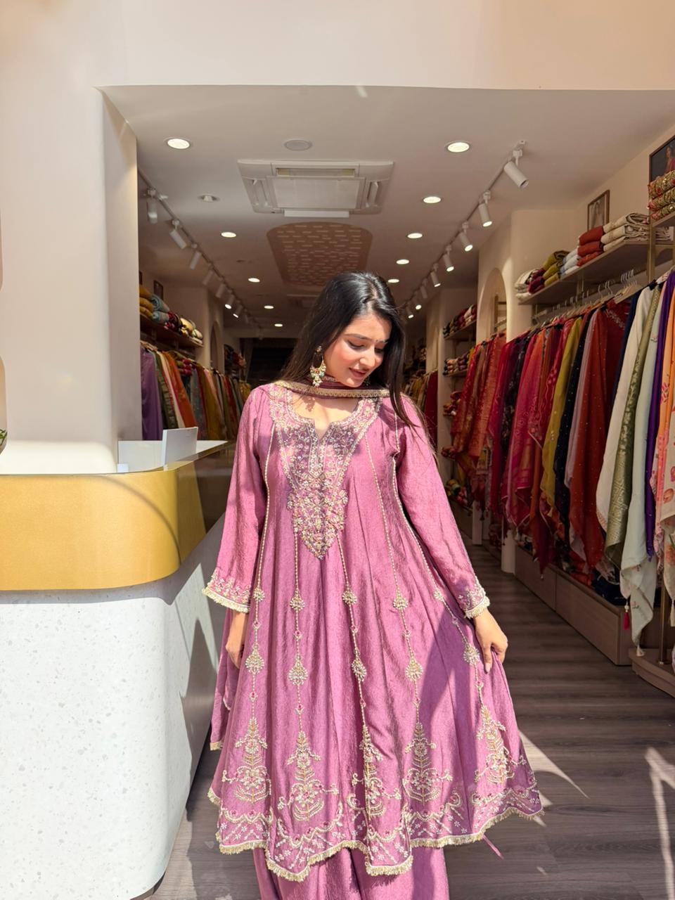 Mauve Pink Heavy Embroidered Anarkali Kurta Set with Dupatta for Women