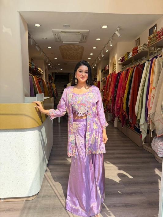Lavender Embroidered Co-ord Set with Jacket & Skirt for Women (Indo-Western)