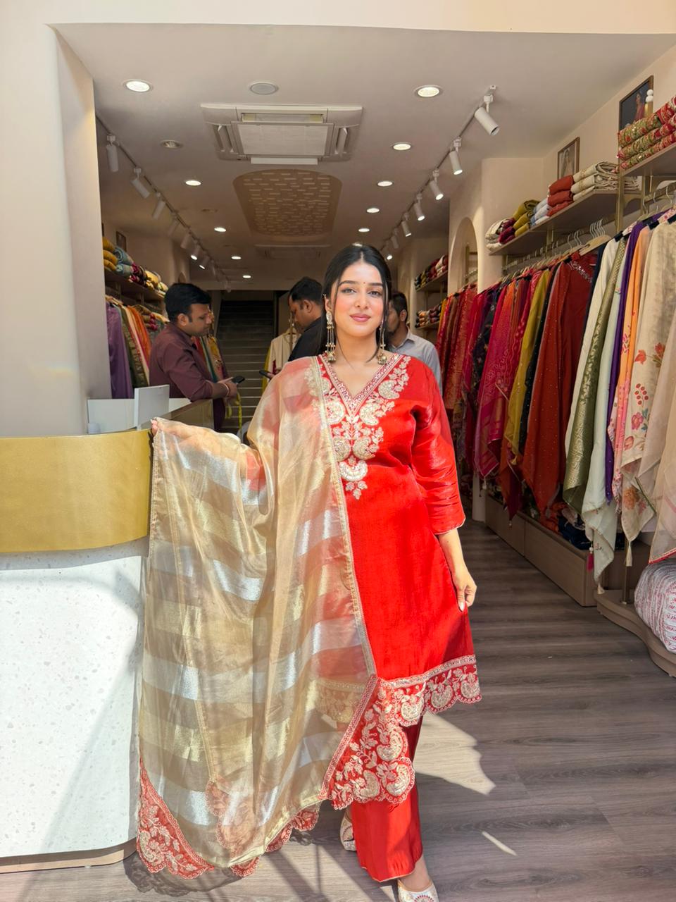 Red Heavy Embroidered Straight Kurta Pant Set with Organza Dupatta for Women
