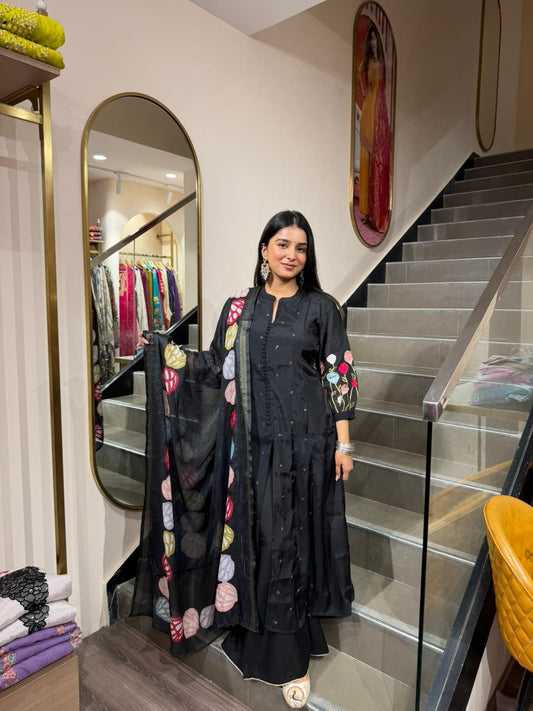 Black Printed A-Line Kurta Set with Statement Dupatta for Women