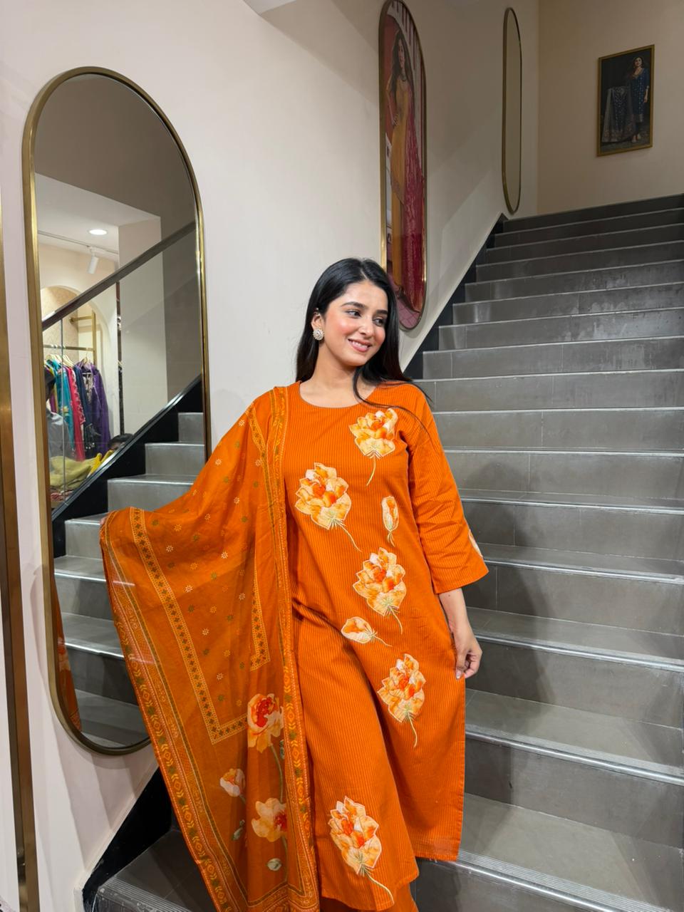 Rust Orange Floral Printed Straight Kurta Pant Set with Dupatta for Women