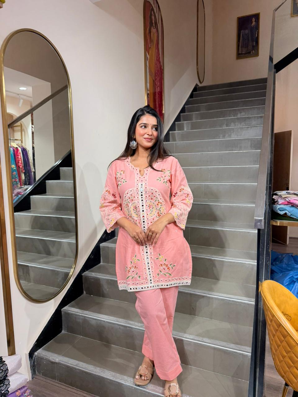 Peach Embroidered Short Kurta Co-Ord Set for Women