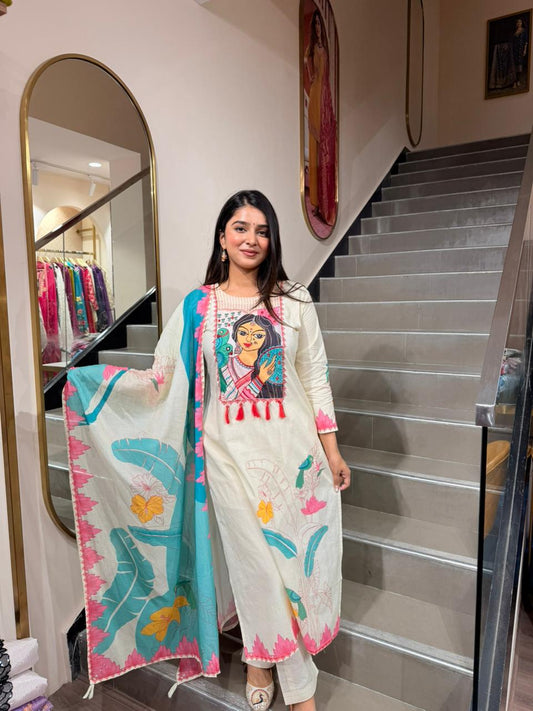 Off-White Artistic Printed Kurta Set with Floral Dupatta for Women