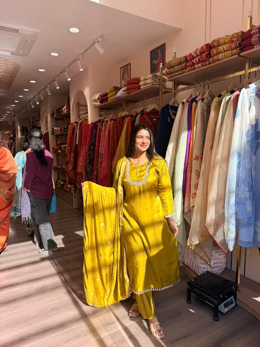 Women Mustard Yellow A-Line Kurta Set with Dupatta | Festive Ethnic Wear