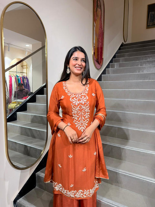 Women Rust Orange Embroidered Kurti with Sharara Set | Festive Ethnic Wear