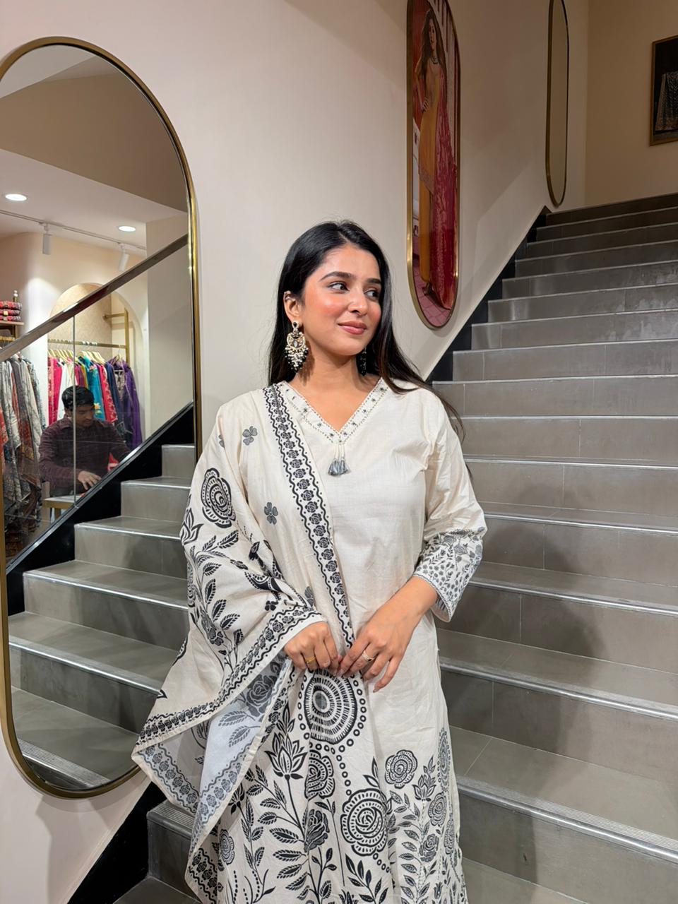 Women Off-White Black Printed Straight Kurta Set with Dupatta | Minimal Ethnic Wear