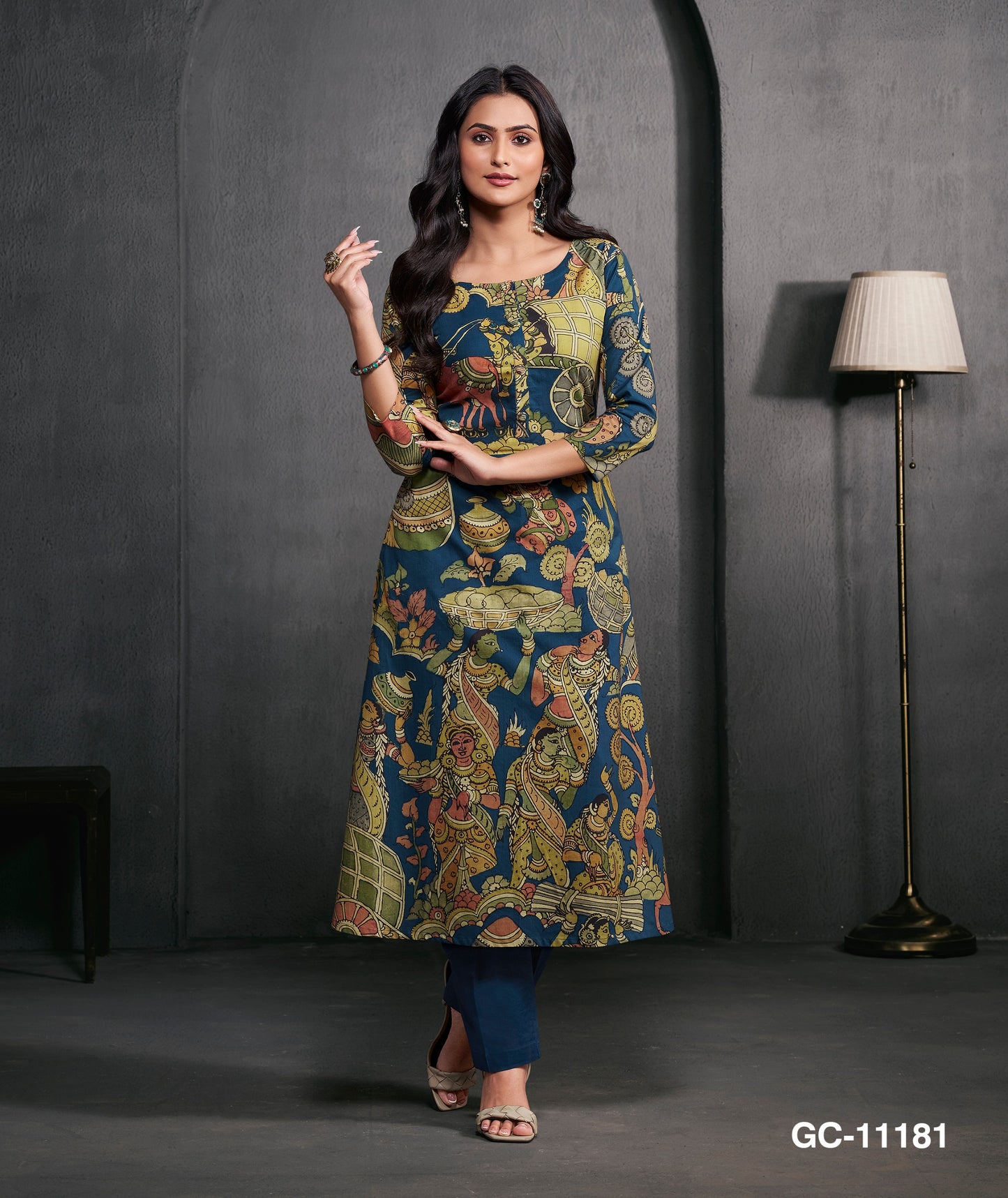Teal Kalamkari Print Women Kurta Set – Ethnic Folk Art Printed Straight Kurta with Pants