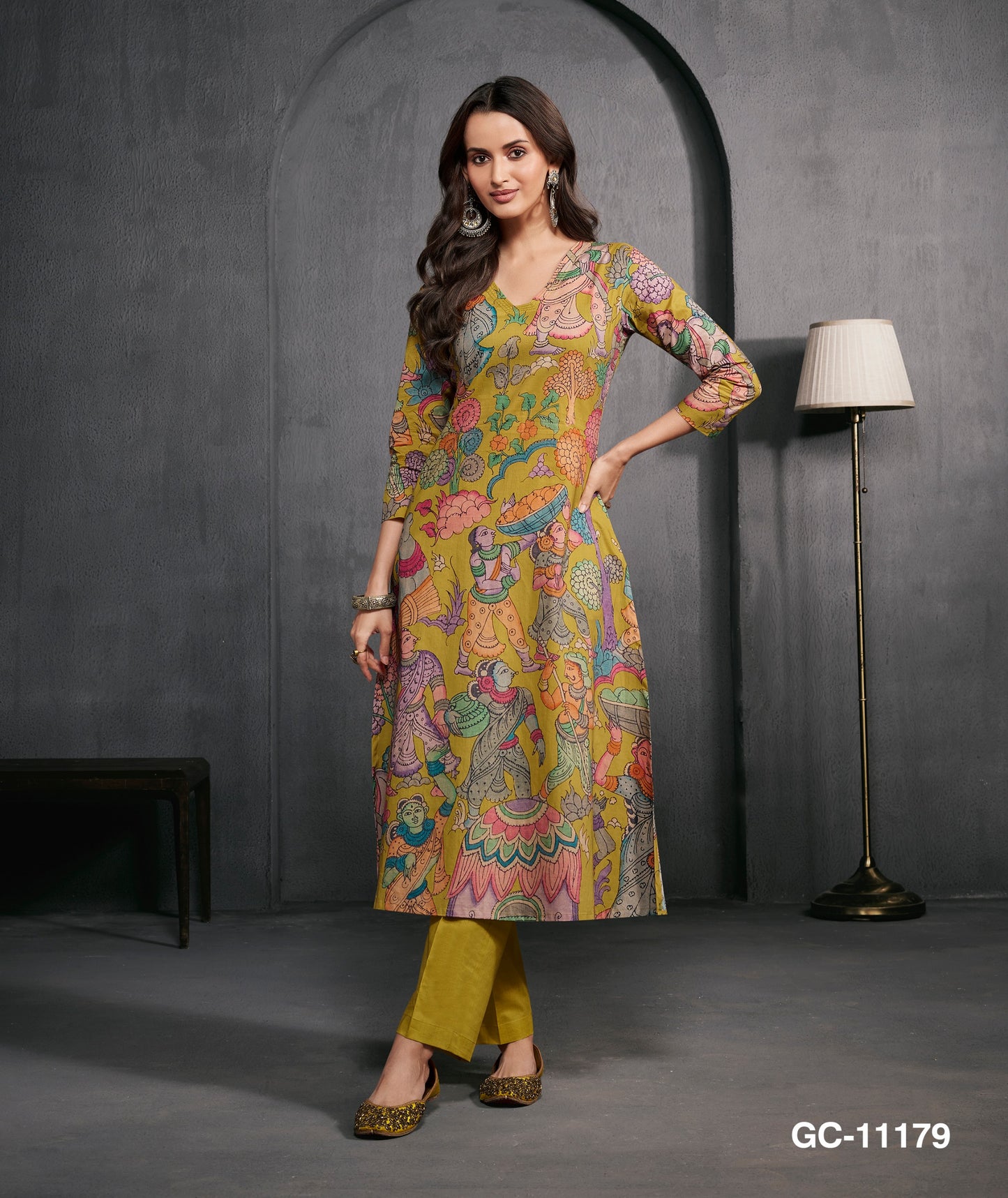 Women Mustard Yellow Artistic Printed Kurta Pant Set | Traditional Folk Art Ethnic Kurta Set