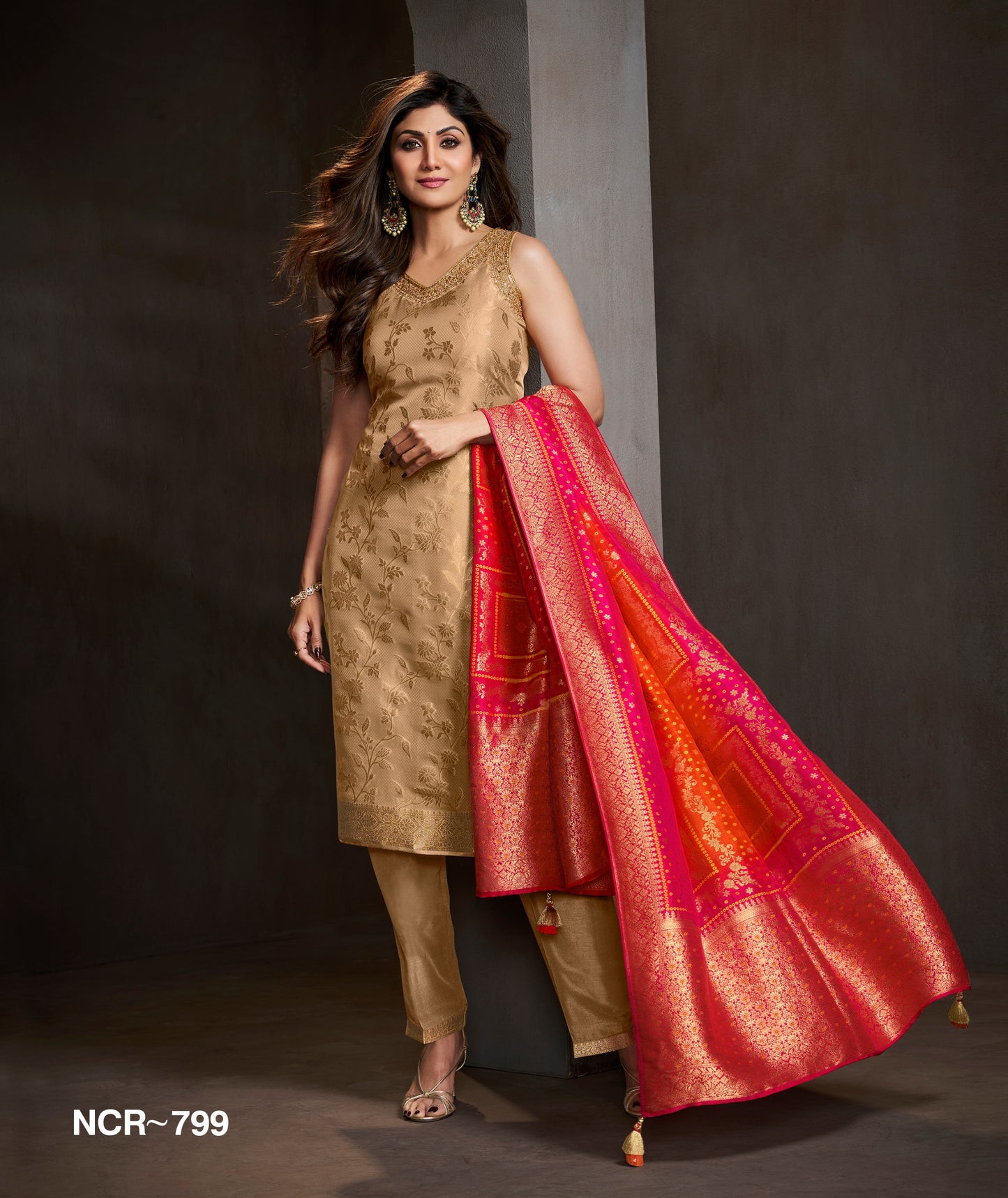 Golden Beige Jacquard Salwar Suit with Red Banarasi Dupatta – Festive & Wedding Wear Ethnic Suit for Women