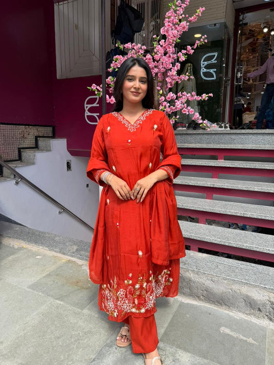 Women Red Embroidered A-Line Kurta Set with Dupatta | Festive Ethnic Wear
