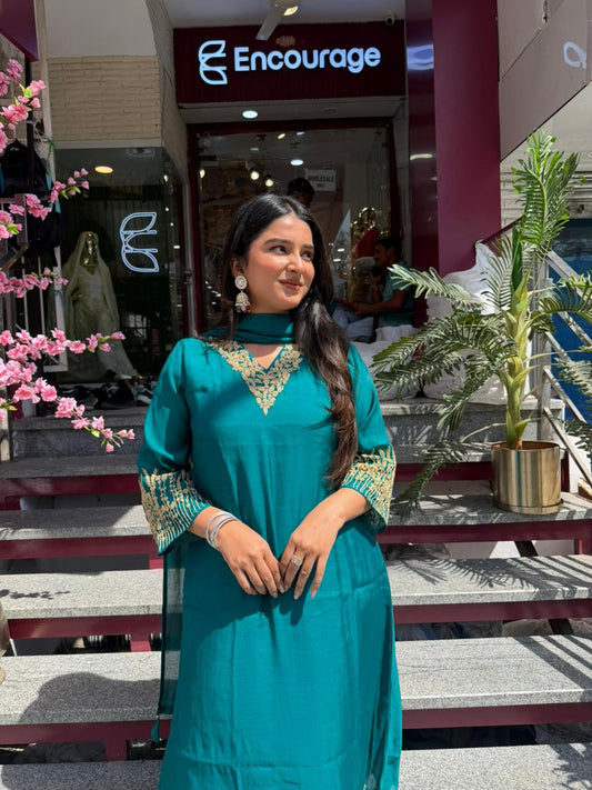 Teal Green Embroidered Kurta Pant Set with Dupatta for Women | Festive Ethnic Wear