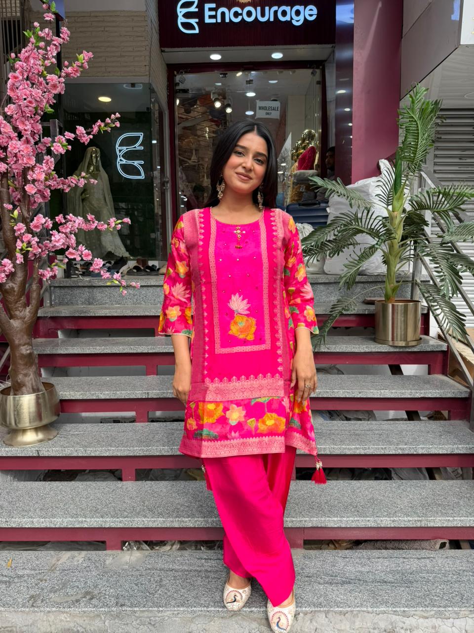 Rani Pink Floral Printed Kurta Pant Set with Dupatta for Women | Festive & Casual Ethnic Wear