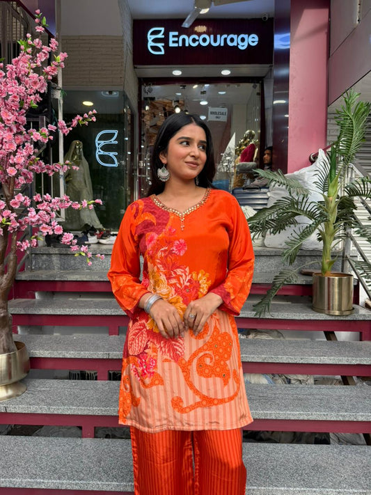 Orange Printed Kurta Palazzo Set for Women | Indo-Western Co-ord Ethnic Outfit