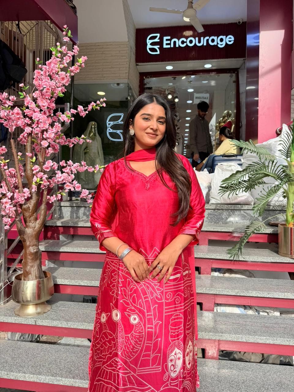 Red Printed Cotton Kurta Set with Dupatta for Women | Ethnic Casual Wear