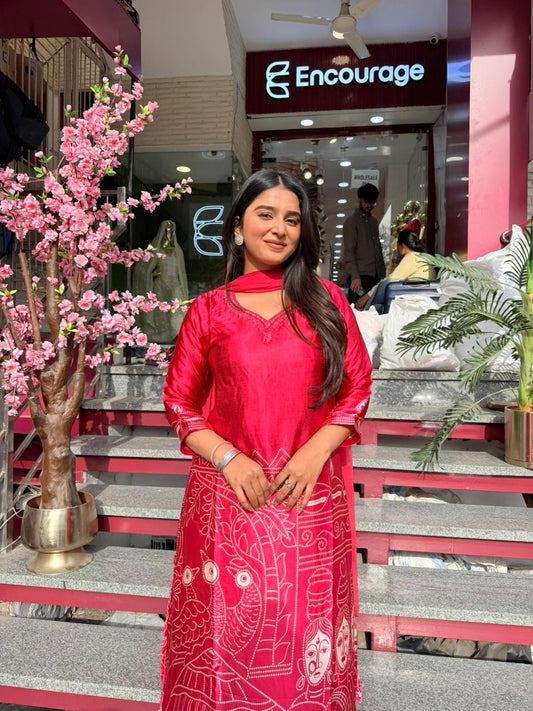 Red Printed Cotton Kurta Set with Dupatta for Women | Ethnic Casual Wear