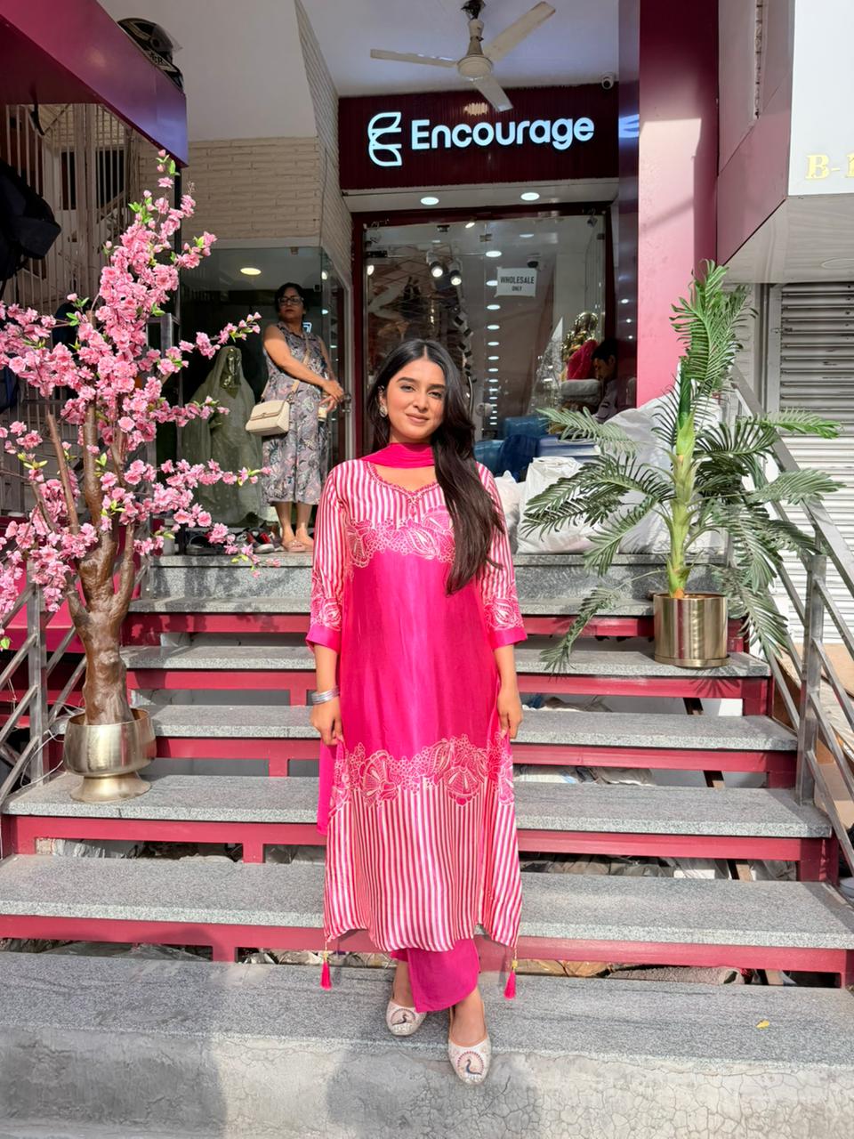 Pink Striped Embroidered Kurta Set with Dupatta for Women | Elegant Ethnic Wear