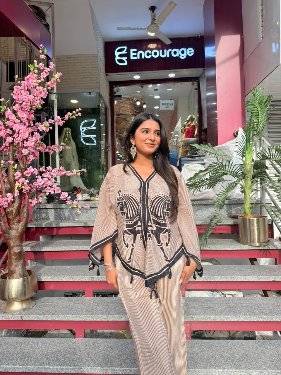Beige Printed Kaftan Co-ord Set for Women | Indo-Western Lounge Wear Set