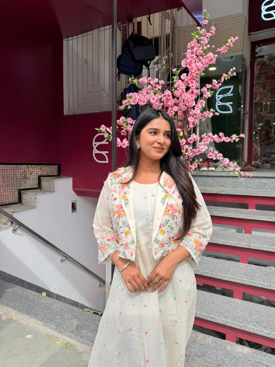 Women Off White Floral Dress with Embroidered Jacket | Ethnic Festive Wear