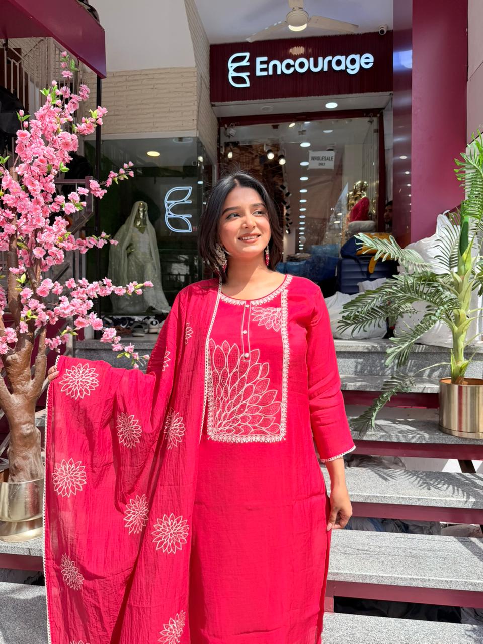 Women Rani Pink Embroidered Kurta Set with Dupatta | Festive Ethnic Wear